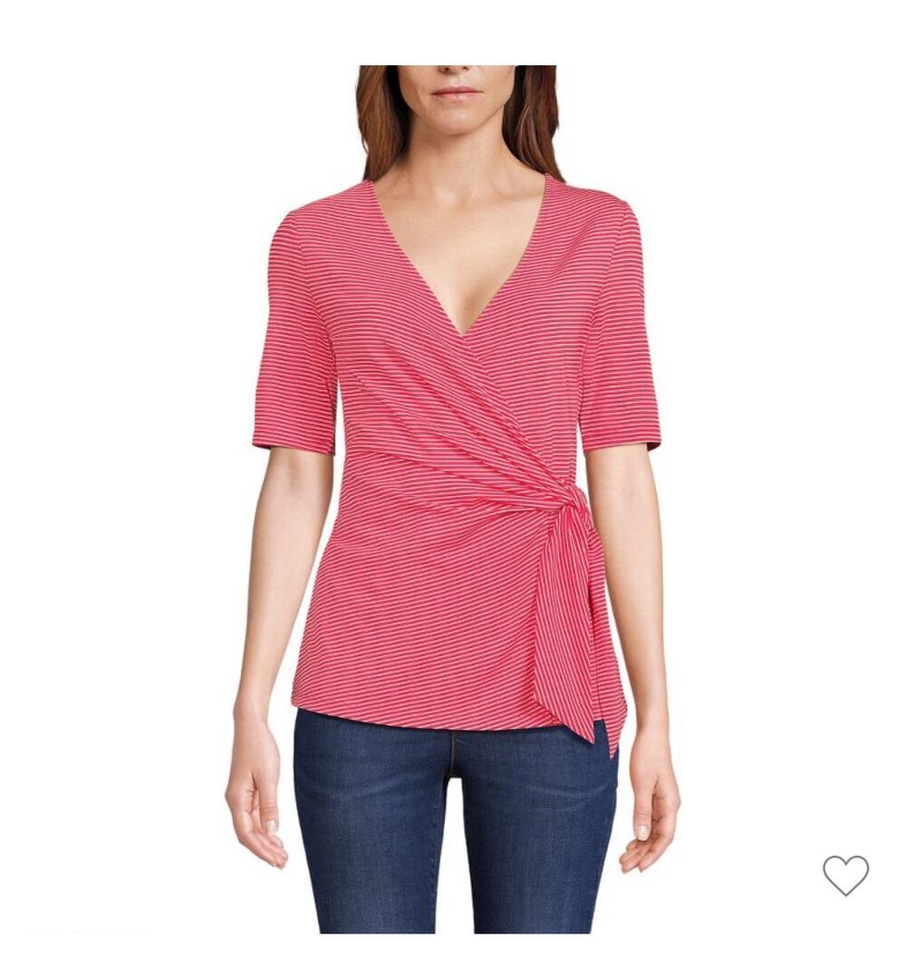 NWT Lands End Elbow Sleeve Side Tie Stripe Blouse Size Small